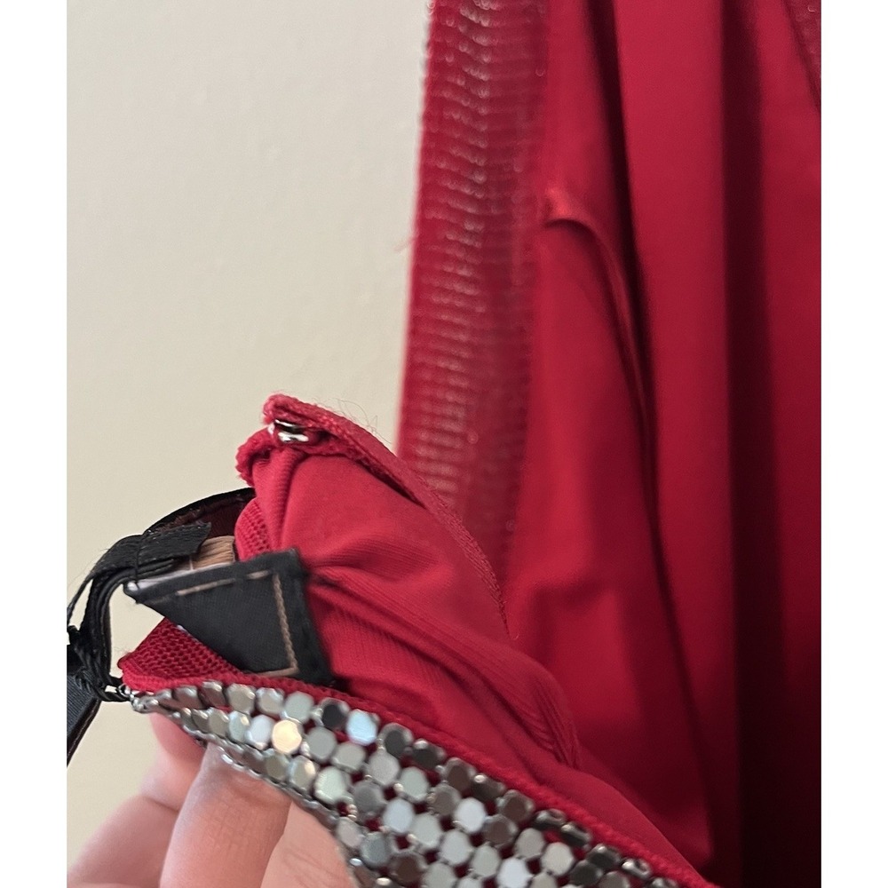bcbg maxazria dress Womens M Y2K Red Chainmail Castle Core Open Back Glam Silver - Picture 9 of 12